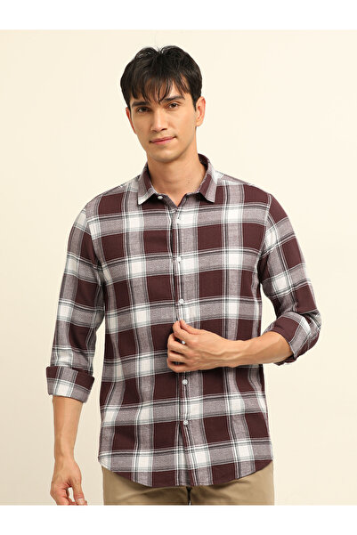 Bushirt By Styli Maroon Bushirt Check Long Sleeves Shirt