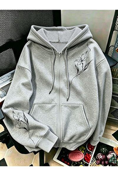 Toum Monochrome Flora Design Oversize Zippered Unisex Hooded Cardigan