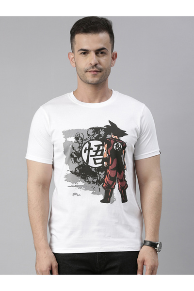 Bushirt By Styli تي شيرت أبيض برقبة دائرية مزين برسومات - طباعة دراغون بول زد...