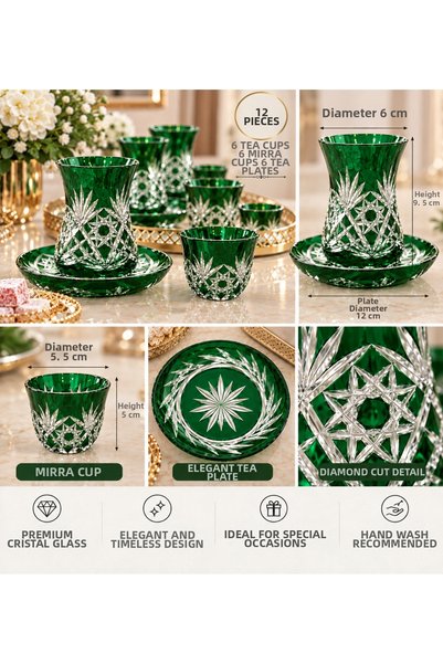 AYZ HOME Cut Crystal Glass 12 Piece Tea Set |   6-Person Handcrafted Tea and Mirra Cup Set