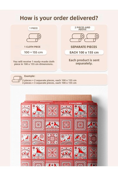 FabricMarket 100% Cotton Satin Patchwork Fabric – 155X100 cm – Traditional Motifs with Horse Figures, in Red and White Tones