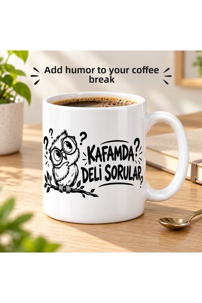 HiperAD Reklam Porcelain Mug with Owl Pattern and Crazy Questions Written on ...
