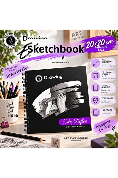 DreamArtgalery دفتر رسم سكيتش بوك 20x20 سم 50 ورقة حلزوني الشكل من الجانب