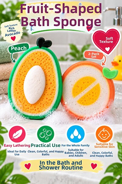 OpenCity 2-Piece Fruit Shaped Bath Sponge Avocado Peach Baby Kids Washing Sho...