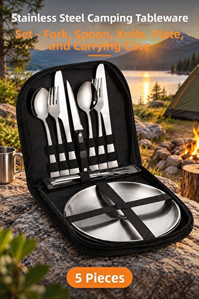 Yenilig 5-Piece Stainless Steel Camping Dinnerware Set - Fork Spoon Knife Pla...