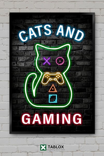 TABLOX Cats And Gaming Kedi Oyun Gamer Χαριτωμένη Αφίσα με Κορνίζα Διακοσμητι...