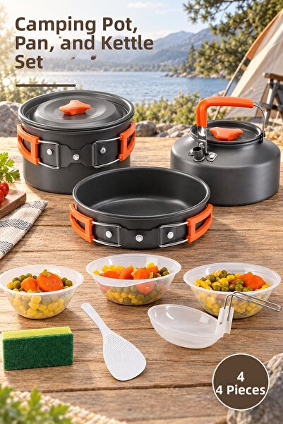 Yenilig 4 Piece Camping Cookware Pan Teapot Set