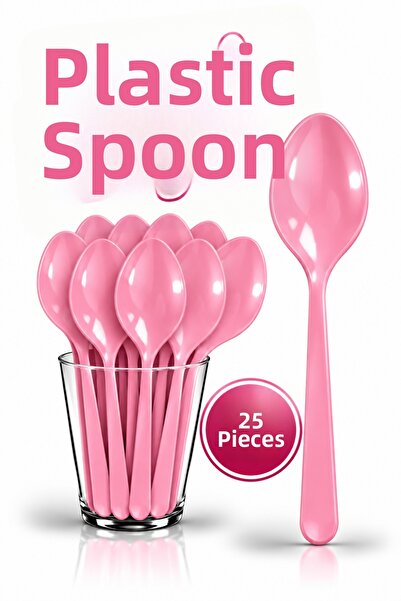 Huzur Party Store 25 Pieces Pink Colored Spoons Hard Durable Plastic Luxury D...
