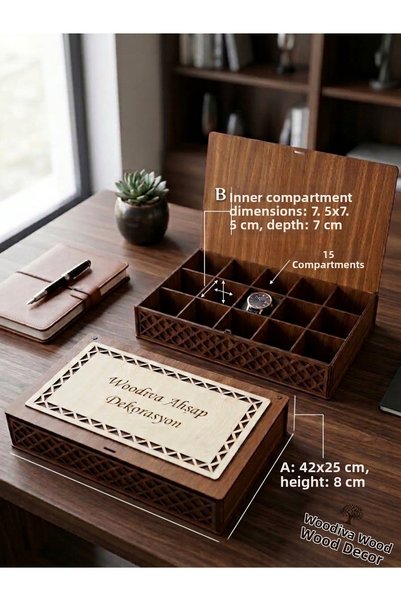 WOODIVA AHŞAP 15 Compartment Wooden Stylish Watch Organizer Box with Lid (42X25 cm)