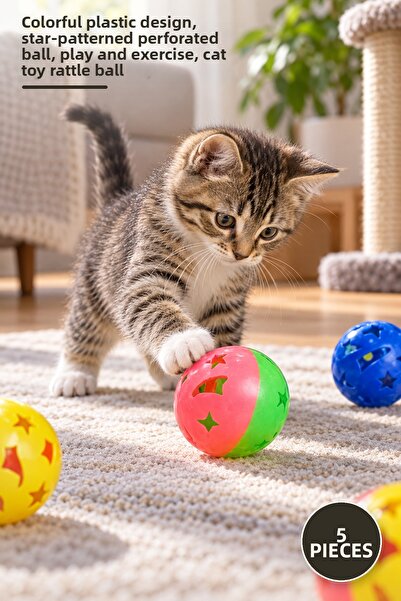 Yenilig 5 Pieces Rattle Ball Cat Toy – Colorful Plastic Design, Star Patterne...