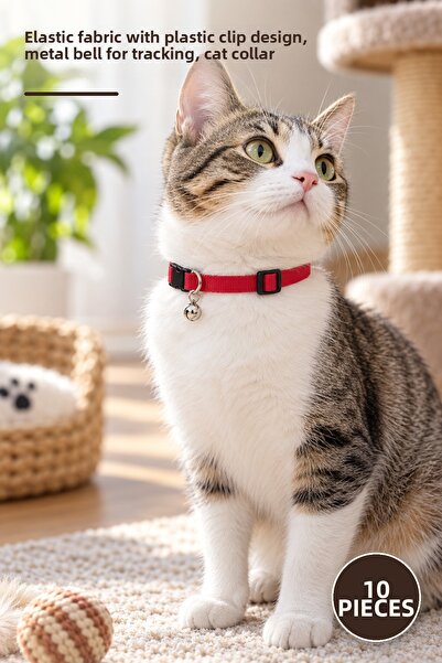 Yenilig 10 Pieces of Cat Collars with Bells – Elastic Fabric Design with Plas...