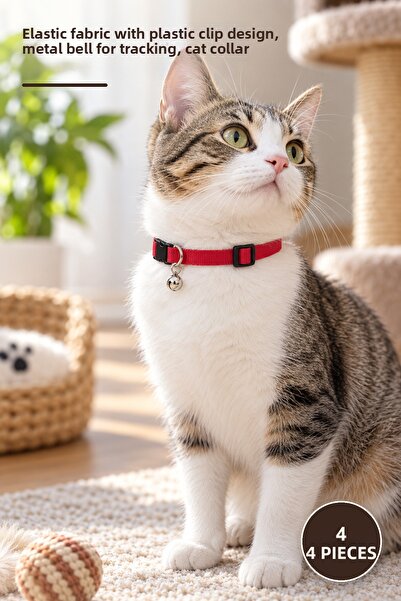 Yenilig 4 Pieces of Cat Collars with Bells – Elastic Fabric Design with Plast...