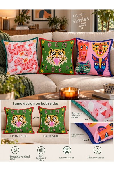 RahanDesign Set of 3 Decorative Throw Pillow Covers – Colorful Tiger and Animal Patterned, Double-Sided 43X43 cm Modern Throw Pillow Set