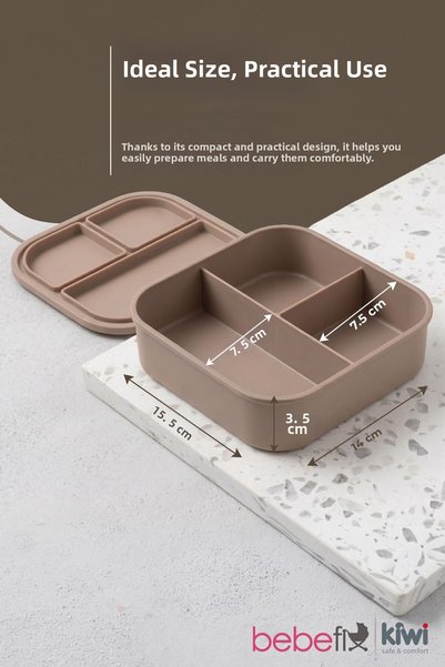 Kiwi Natural Silicone 3-Compartment Heat-Resistant Lunch Box, Beige