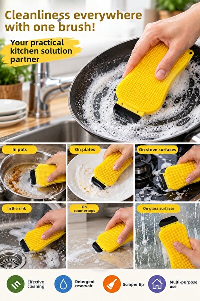 İnfeta Yellow Detergent Container Silicone Dishwashing Brush with Scraper Mul...