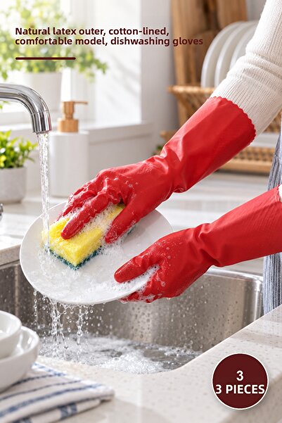 Yenilig 3 Pieces XL Size Cleaning and Dishwashing Gloves – Natural Latex Exte...