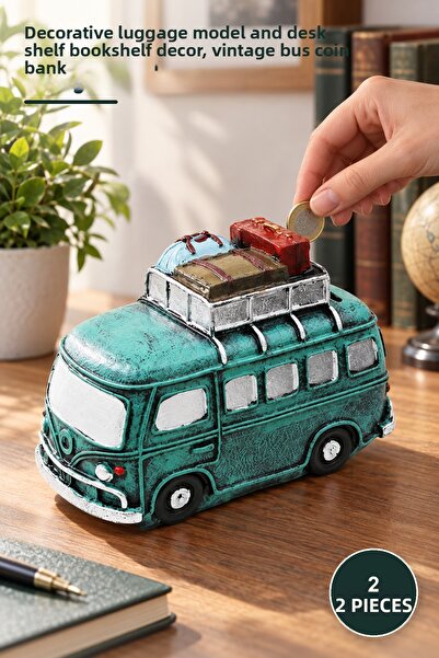 Yenilig 2 Pieces Nostalgic Bus Figurine Money Box – Decorative Resin Model an...