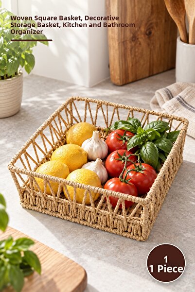 Yenilig 1 سلة مربعة منسوجة طبيعياً - سلة تخزين زخرفية من الخوص، منظم للمطبخ و...