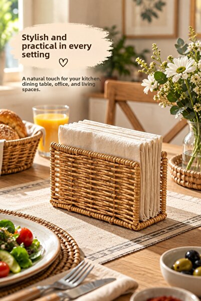 İnfeta Natural Wicker Look Plastic Rattan Rectangular Desktop Napkin Holder