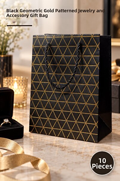Yenilig 10 Mini pungi cadou din carton - Negru Geometric Auriu Model Bijuteri...