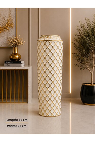 Hinora Home Διακοσμητικό Μεταλλικό Βάζο Δαπέδου 66 εκ. Λευκόχρυσο με Μαροκινό...