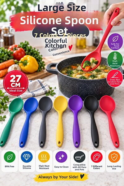 OpenCity Set of 7 Large Size Silicone Spoons 27 cm Colorful Fireproof Kitchen...