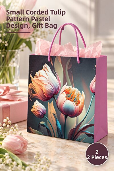 Yenilig 2 pungi cadou din carton - design pastel cu model de lalele cu șnur d...