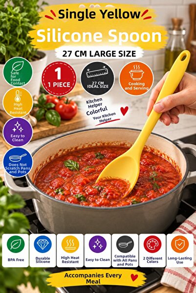 OpenCity Single Yellow Large Size Silicone Spoon 27 cm Kitchen Cooking and Se...