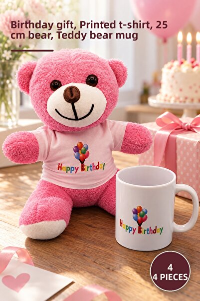 Yenilig 4 Piece Happy Birthday Pink Teddy Bear and Porcelain Mug Set – Birthd...