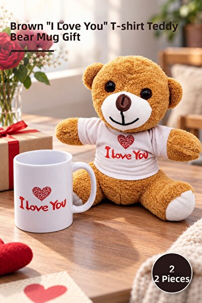 Yenilig 2 Piece Plush Teddy Bear and Printed Mug Set – Brown I Love You T-Shi...