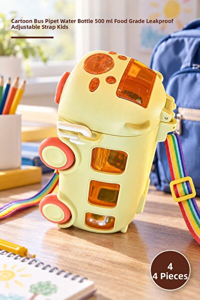 Yenilig 4 Pieces Bus-Shaped Water Bottle – Cartoon Bus Water Bottle with Stra...