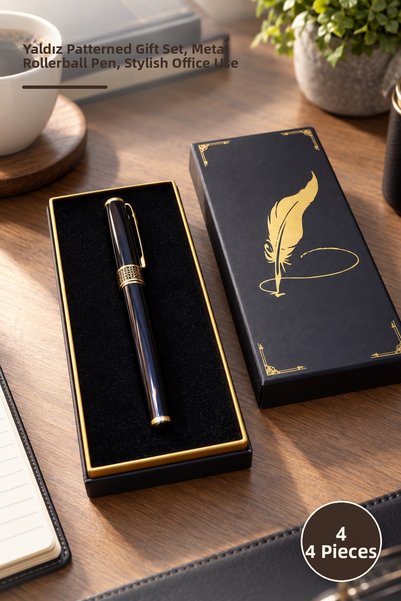 Yenilig 4 black metal rollerball pens - gilded design gift set with box, meta...