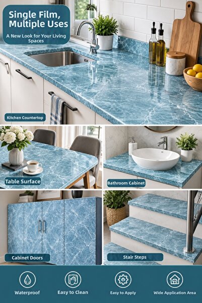 İnfeta Blue 60X500 cm Marble Patterned Waterproof Adhesive Foil Table Kitchen...