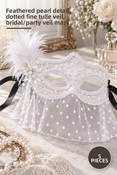 Yenilig 5 Pieces White Lace Tulle Veil Party Mask – Feathered Pearl Detail, P...