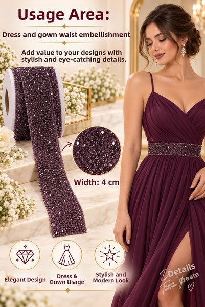 kubbe tekstil aksesuar Sticky Stone Strip 4 cm – 1 Roll 4.5 Meters |   Evening Dress Waist Decoration Crystal Strip**