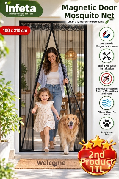 İnfeta Black 100X210 cm Magnetic Door Screen Automatic Closing Magnetic Tulle...
