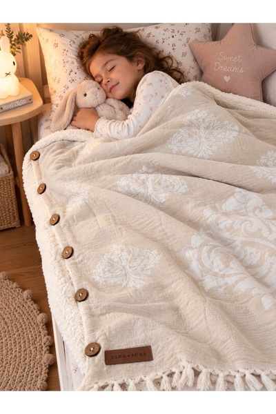 TaraAura Peshtemal+Welsoft Coconat Buttoned Beige 2 Layer Tv Cover