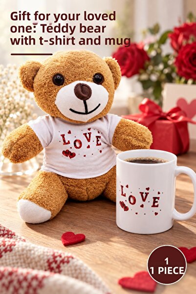 Yenilig 1 Piece Love Printed Brown Plush Teddy Bear and Porcelain Mug Gift Se...