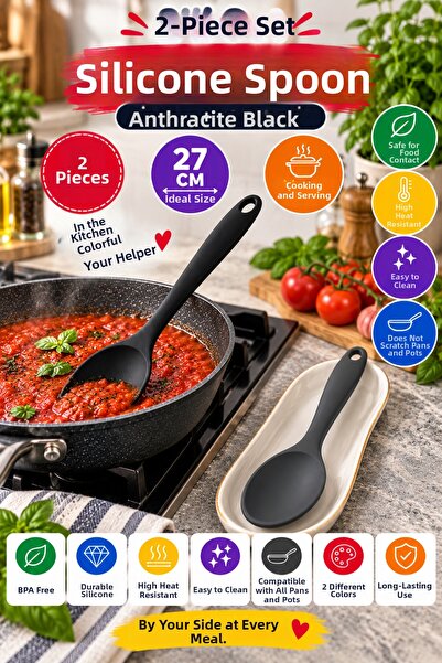 OpenCity Set of 2 Black Anthracite Large Size Silicone Spoons 27 cm Kitchen C...