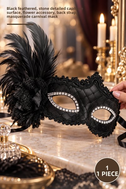 Yenilig 1 Piece Venetian Luxury Ball Mask – Black Feathered, Stone Detailed Q...