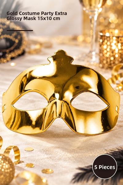 Yenilig 5Pcs Gold Color Costume Party Extra Shiny Prom Mask 15X10 cm