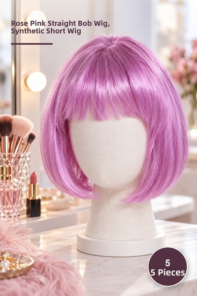 Yenilig 5-piece wig set – rose pink straight bob short party wig, hairpiece, ...