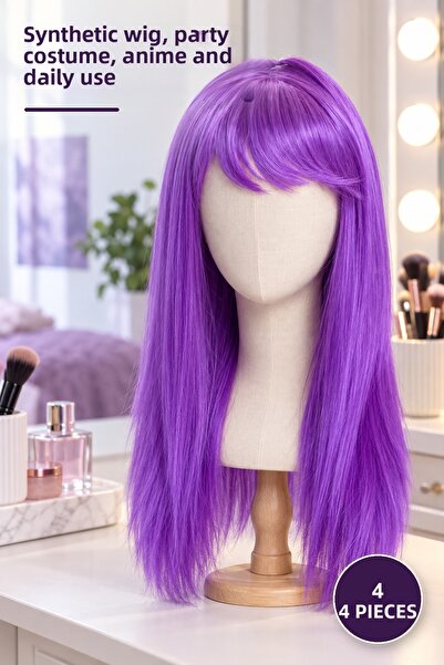 Yenilig 4pcs purple color straight cut long wigs - synthetic fake hair, party...