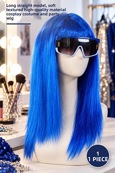 Yenilig 1 τεμάχιο Μπλε μακριά περούκα για πάρτι - μακρύ ίσιο στυλ, υψηλής ποι...