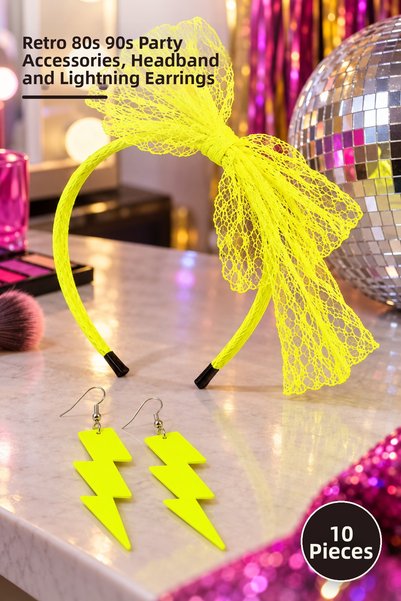 Yenilig 10-Piece Neon Yellow Lace Bow Crown and Lightning Earrings Set – Retr...