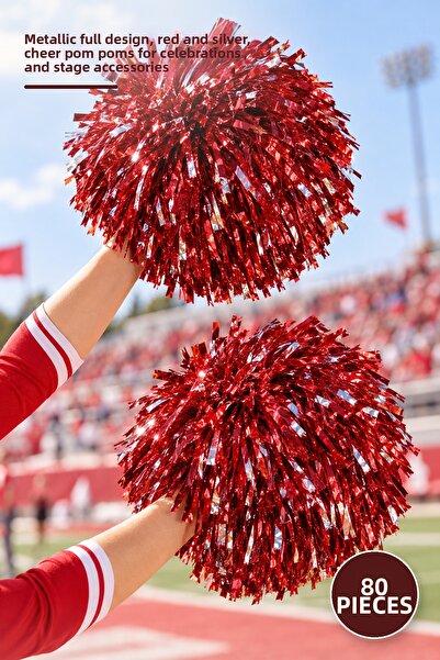 Yenilig 80 Pcs Cheer Pompoms – Metallic Plump Design, Red and Silver Colored,...