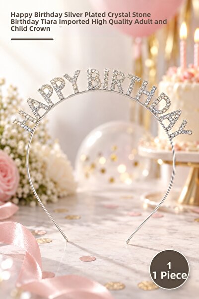 Yenilig 1 Piece Crown – Happy Birthday Silver Plated Crystal Stone Birthday C...