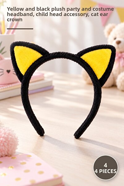 Yenilig 4 Pieces Plush Cat Ear Crown – Yellow Black Plush Party and Costume C...