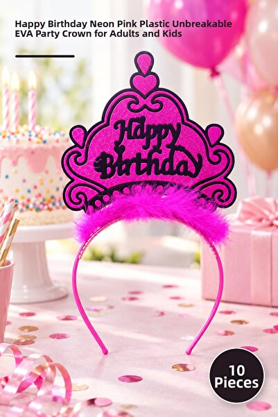 Yenilig 10 Pieces Birthday Crown – Happy Birthday Written on Neon Fuchsia Pla...