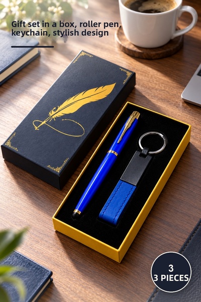 Yenilig 3-Piece Blue Roller Pen with Feather Motif and Leather Metal Keychain...